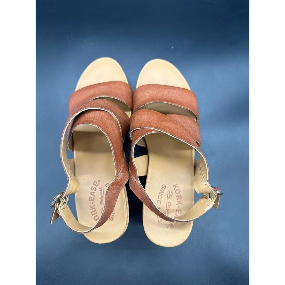 Kork-Ease Tan Brown Leather Crisscross Cork Wedge Sandals K61306 Womens 8M